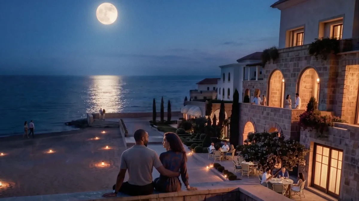 Wadi Yemm waterfront terraces overlooking the sea at night