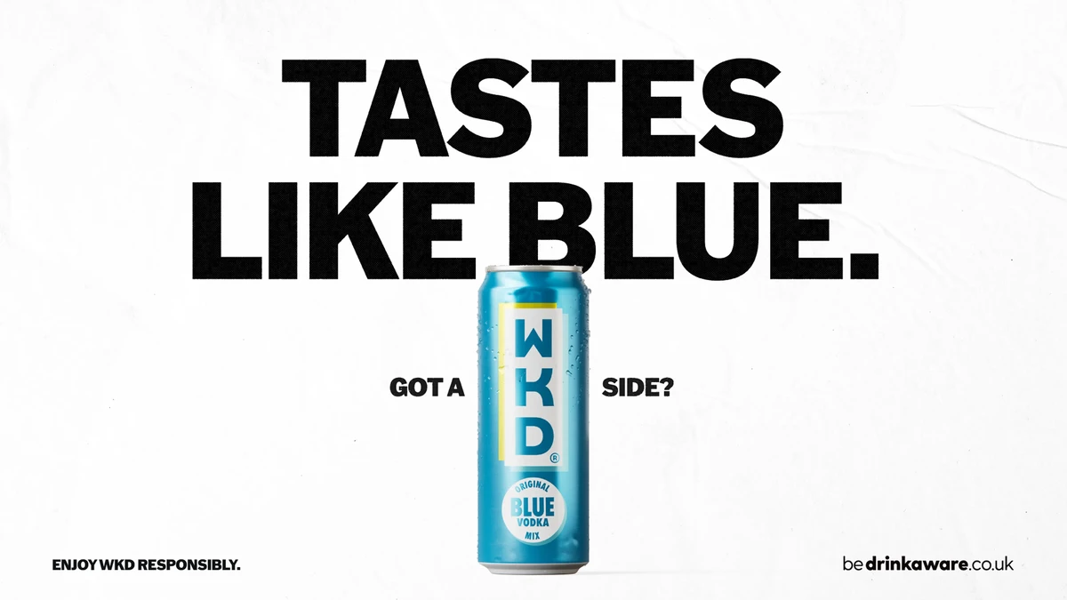 WKD Blue can with Tastes Like Blue campaign headline
